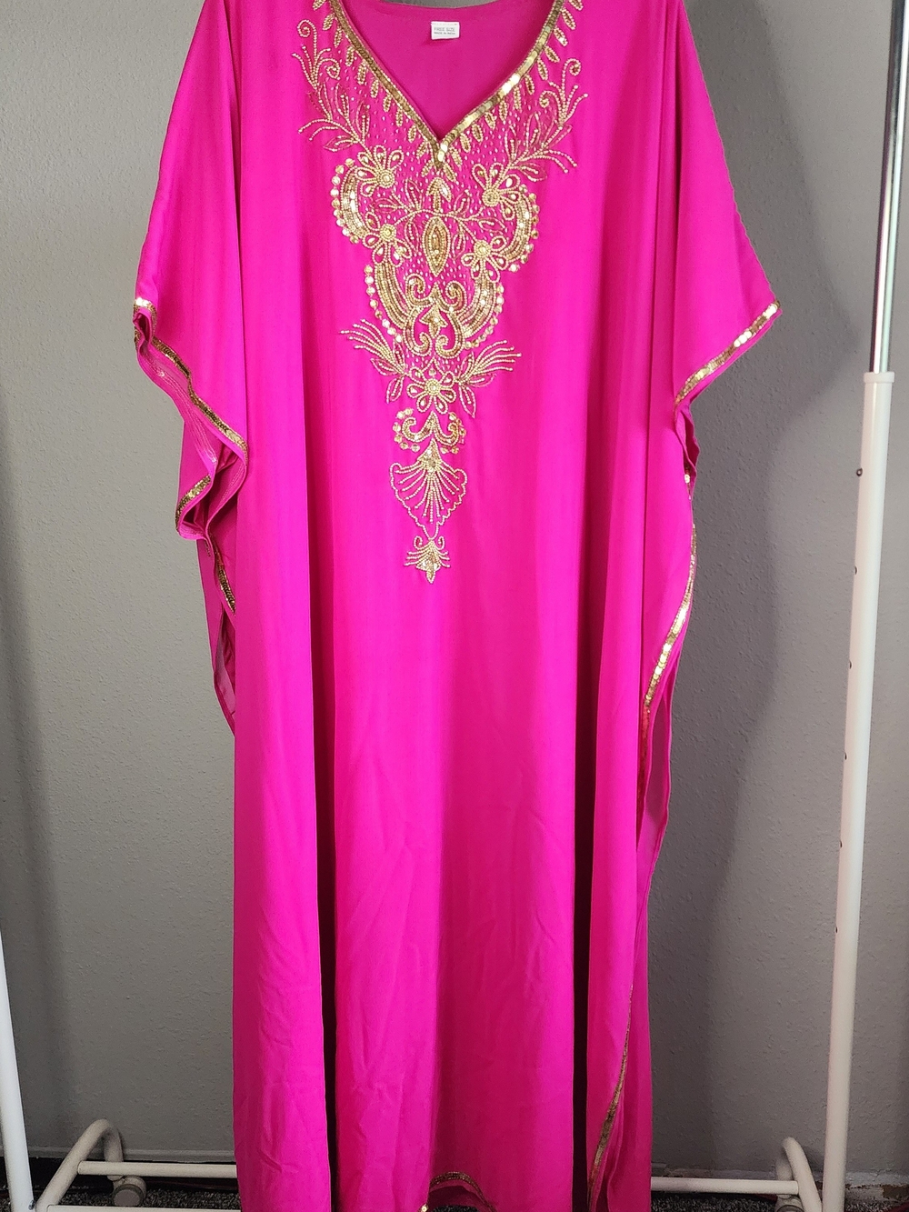 Stylish Fuchsia Kaftan Dress with Gold Beading, Sequence And Gems.